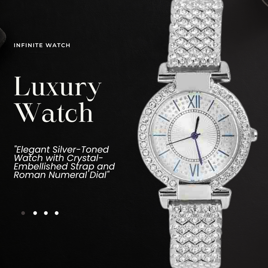 "Elegant Silver-Toned Watch with Crystal-Embellished Strap and Roman Numeral Dial"