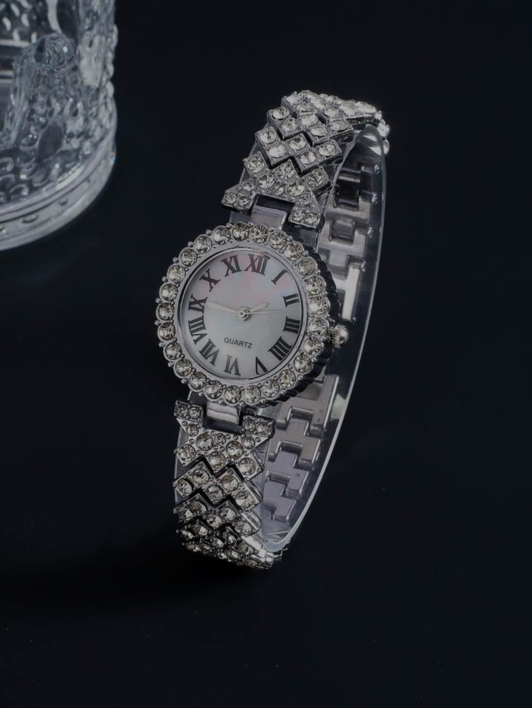 "Stunning Silver-Toned Watch with Crystal-Encrusted Round Dial and Roman Numerals"