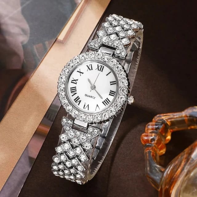 "Stunning Silver-Toned Watch with Crystal-Encrusted Round Dial and Roman Numerals"